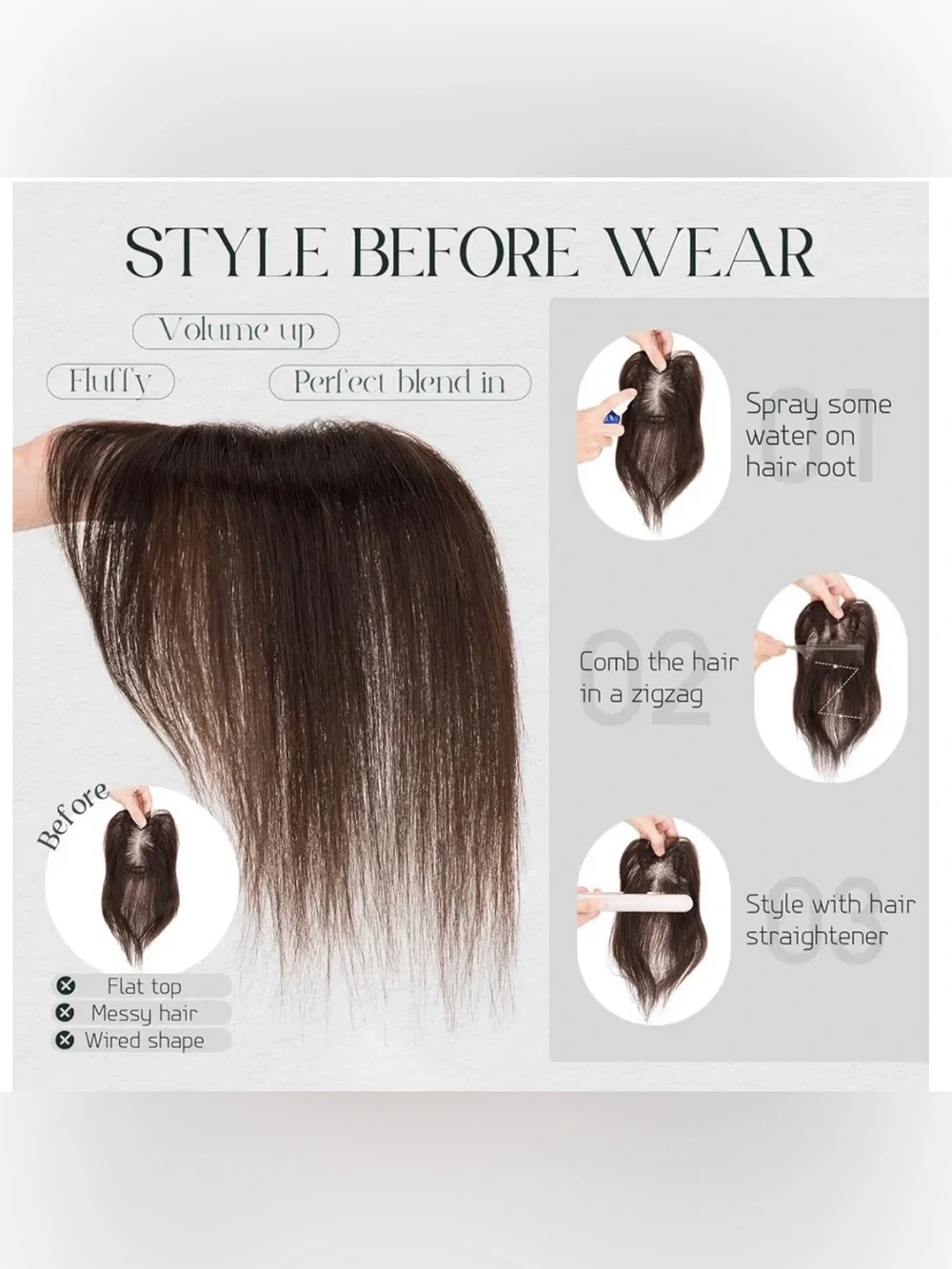 11” Dark Brown Human Hair Topper with Bangs Hair Extensions #TF4‎